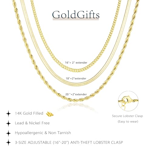 Gold Necklaces Stack for Women Non Tarnish, Dainty 14k Gold Plated Layered Gold Herringbone Necklace Trendy, Layering Rope Cuban Chain Gold Choker Necklaces Set Fashion Jewelry Set Gift4