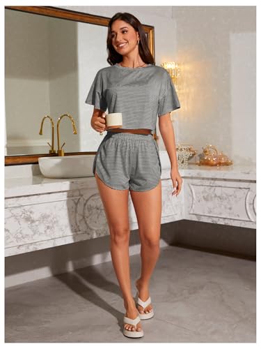 Image of OYOANGLE Womens Pajama Sets 2 Piece Sexy Lounge Sets Summer Cute Pjs Striped Print Tee and Side Split Shorts Set