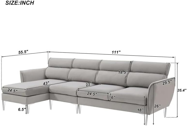Convertible Sectional Sofa Couch, Flannel 111" L Shape Furniture with Chaise Left/Right Handed