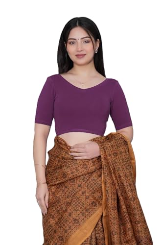 Image of Mlada V-Neck Stretchable Saree Blouse Top for Women | Slim Fit Short Sleeves Solid Cotton Blouses | Readymade Saree Blouses for Women Festive & Ethnic | Blouse Crop Top