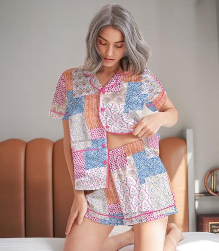 Image of HUNTFAMI Women Silky 2 Pcs Satin Pajama Set Long Sleeve Button Down | Satin pajama set; Short-sleeves in a coordinated 2-piece; funny printed; colourful style