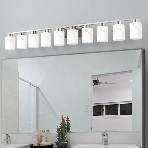 Image of 10-Light Bathroom Light Fixtures, Modern Vanity Lights, Brushed Nickel Metal Wall Lamp with White Marble Glass for Bathroom, Mirror, Living Room, Bedroom, Cabinet, Porch, Hallway, E26 Base