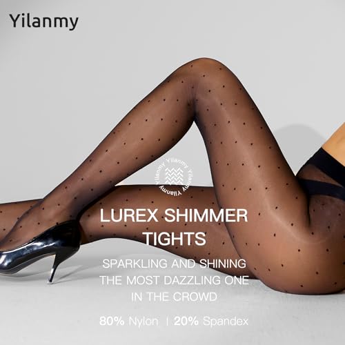 Image of Yilanmy Shiny Polka Dot Patterned Tights for Women Sheer Shimmer Pantyhose 20D High Waist Heart Stockings