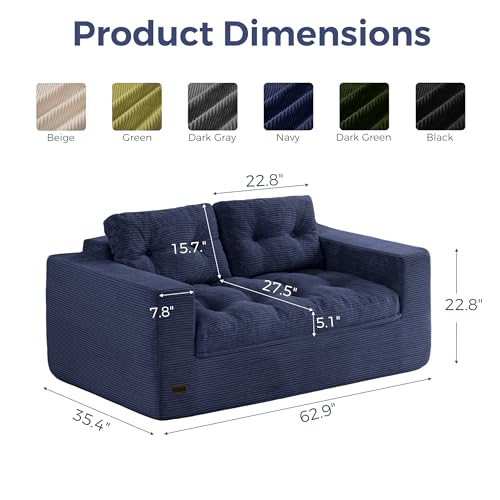 Image of MAXYOYO 63 inch Loveseat Sofa Couch for Small Spaces, Upholstered Boneless Cloud Couch for Apartment Bedroom, 2-Seater Love Seat Floor Modern Sofa with Pillows, No Assembly Required, Navy