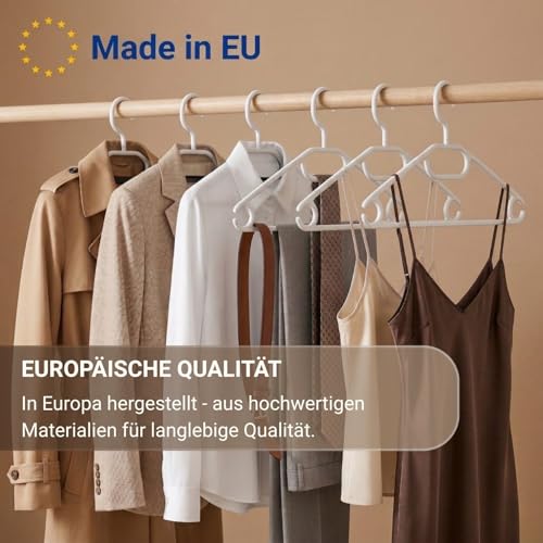 Berlona Kleiderbügel mit 360° drehbarem Haken | 20 Stück rutschfeste Kunststoffbügel | Platzsparendes Design, Made in Europa | Für leichte Mäntel, Pullover, Hemden und Krawatten | Weiß