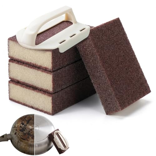 Magic Emery Cleaning Sponge 2026 New Carborundum Sponge Emery Sponge Brush Eraser Scrub Pad Pot Scrubber for Removing and Cleaning Pots and Pans (4 Sponge with Handle)
