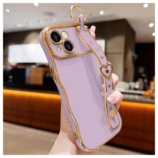 for iPhone 13 Case for Women Wave Frame with Strap Cute Love-Heart Luxury Plating Curly Shape Cover Raised Camera Protection Shockproof Silicone Phone Case for iPhone 13, Light Purple