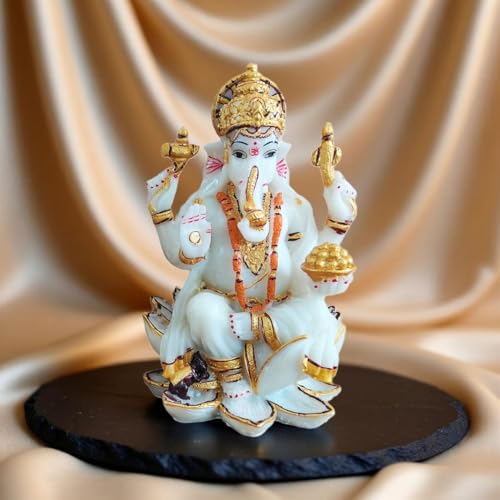 Image of YASHONIDHI Lord Ganesh Idol, 7 Inches, White and Gold Color, Marble Dust, Ganapati Murti, for Pooja Room, for Home Decor, Office Decoration, for Good Luck and Wealth, Gift for All Occasions