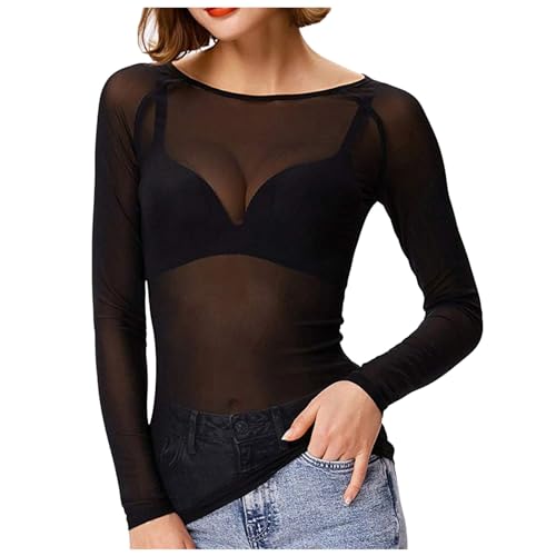 Hauts Transparents Femmes T-Shirt Haut en Voile Transparente Elastique Chemise Noir Manches Longues Top en Maille Sexy Tunique Basic Top Tshirt Pull (L)