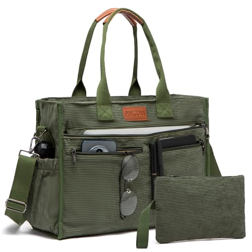 Corduroy Tote Bag for Women 2Pcs Set 14-Pocket Lightweight Laptop Work Tote Teacher & College Travel Crossbody Bag (360/Green)