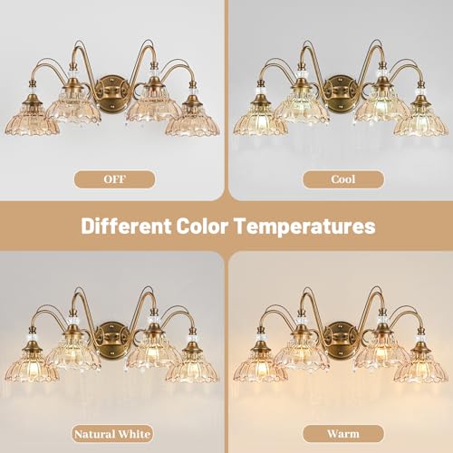Image of Vintage Bathroom Vanity Light, 4-Light Matte Antique Brass Finish Wall Sconce with Hanging Crystal Accents and Flower-Shaped Amber Glass Shades, Retro Wall Mount Vanity Light Over Mirror for Bathroom