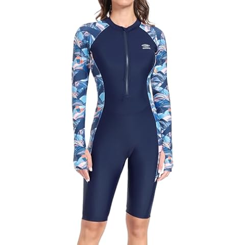 AXESEA Women Boyleg Shorty Suit One Piece Rashguard Long Sleeve Surf Swimsuit Front Zip UV UPF 50+ Sun Protection Wetsuit Blue(Pink) Cover