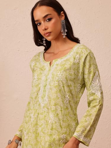 Image of Ada Women's Cotton Straight Fit Straight Hand Embroidered Lucknowi Chikankari Kurta Kurti A411378