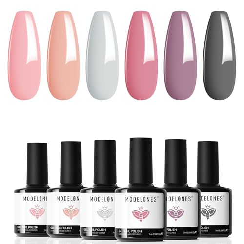 Image of Modelones Gel Polish Nail Kit, 6 Colors 7ml Popular Nude Pink Neutral Blue Glitter Nail Polish Set Nail Art LED Manicure DIY Salon Gifts