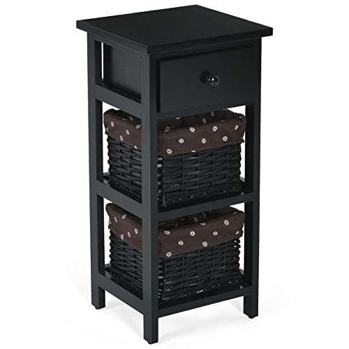 COSTWAY Table de Chevet Table de Nuit en Bois de Paulownia avec 1 Tiroir et 2 Panier d'Osier Amovible Style Chic Vintage Rustique Campagnard Blanc (Noir)