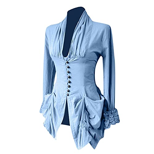 Vintage Steampunk Jacket for Women Victorian Blouse with Ruffle Pocket Button Front High Neck for Gothic Fashion or Daily Wear Blue
