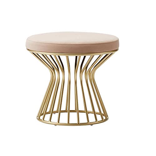 Image of Round Velvet Ottoman Seatting Stool Foot Rest Vanity Dressing Stool with Gold Metal Legs Modern Upholstered Footstool for Living Room Bedroom Home and Office Pink