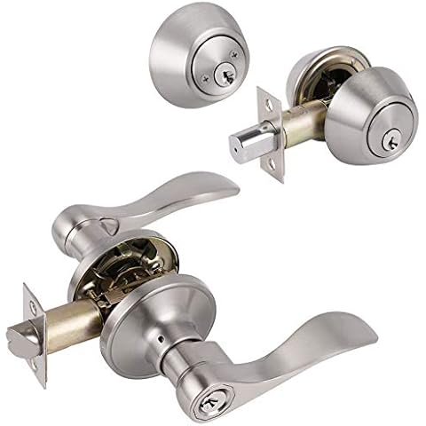Wave Style Door Levers with Double Cylinder Deadbolt, Satin Nickel Finish, All Keyed Alike Combo Pack Door Locks with Keys, 2 Pack Cover