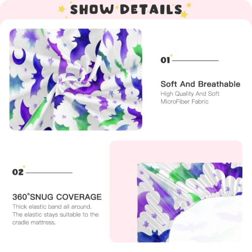 Image of Crib Sheet Breathable Soft Crib Mattress Sheet for Baby Toddler Boys Girls Fitted Pack n Play Crib Sheet Fit Standard Crib Mattress 39 x 27 Inch Purple Halloween Bats Stars