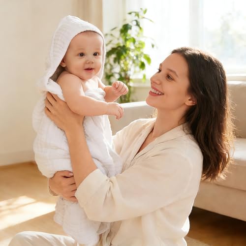 Image of Sunny zzzZZ Muslin Hooded Baby Bath Towels - 3 Pack 100% Cotton Soft Low-Saturation Pastel Towels Including Classic White for Newborns, Infants, Toddlers - 32x32 Inch - Light Bean Paste and White