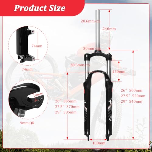 Exceedhub MTB Suspension Fork Horquilla de suspensión para MTB 26/27.5/29 pulgadas, tubo de dirección recto de 28.6 mm, Travel 120mm, bloqueo manual de corona, absorción de impactos en aleación de aluminio miniatura 3
