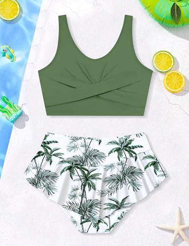 Image of Qaoerde Girls Swimsuit Tropical Print Bikini Set with Ruffle Hem Two Piece Criss Cross Bathing Suits for Girls 7-16 Years