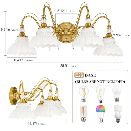 Image of Vintage Bathroom Vanity Light, 4-Light Brushed Gold Finish Wall Sconce with Hanging Crystal Accents and Flower-Shaped White Glass Shades, Retro Wall Mount Vanity Light Over Mirror for Bathroom