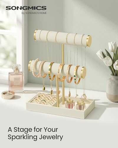 Image of SONGMICS Bracelet Holder Stand, Jewelry Display Stand, Jewelry Organizer, with 2 Tiers and Velvet Tray, Removable Ring Holder, Cream White and Pale Gold UJJS039W101