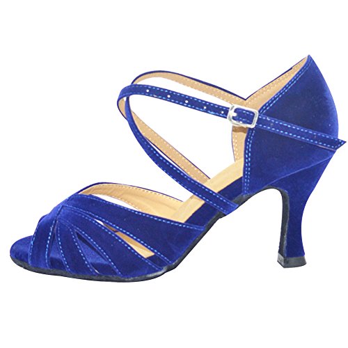 Misu Women's Peep Toe Sandals Latin Salsa Tango Practice Ballroom Dance Shoes With 2.75" Heel,Blue Nubuck,8.5 B(M) Us #TOP2