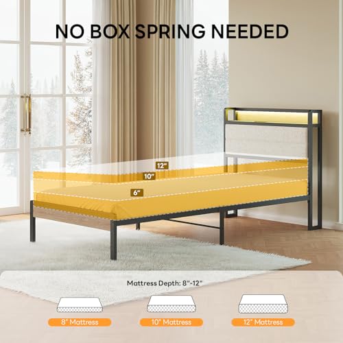 Image of LIKIMIO Twin XL Bed Frame with Storage Headboard and LED Lights, Metal Platform Bed with Charging Station, Noise Free, No Box Spring Needed, Under Bed Storage, Natural and Cream