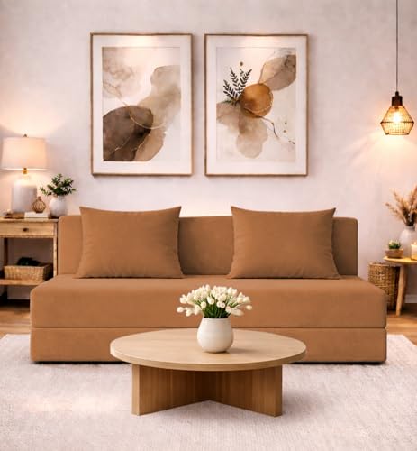 Image of Adorn India Easy 3 Seater Sofa Cum Bed | Velvet Fabric | Tan | Plain Design | 6x5 Ft | Comfortable Seating | Washable Cover | Perfect for Home & Office