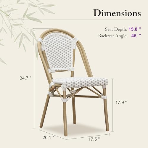 Image of PURPLE LEAF Outdoor Dining Chair Set of 1 Patio French Aluminium Frame in Champagne Finish with White & Gray Woven Rattan for Indoor Kitchen Deck Bistros Cafe Restaurant
