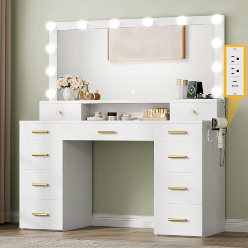 DWVO Vanity Desk Large White USB & Type C 11 Drawers for Bedroom, Vanity Desk with Mirror and Lights