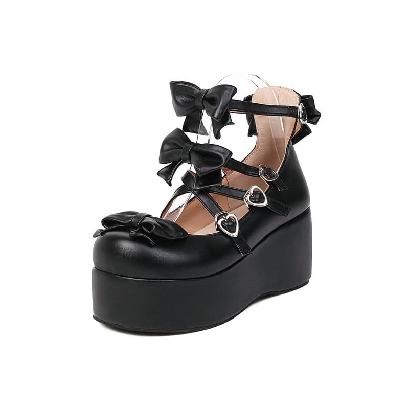 Elbslutt Womens Goth Mary Jane Shoes Platform Kawaii Cosplay Girls Lolita Shoes Round Toe Buckle Cross-Tied Strap Chunky Wedge Heel Bow Y2k Ankle Strap Dress Pumps Shoes Oxfords, Size 8, Black2