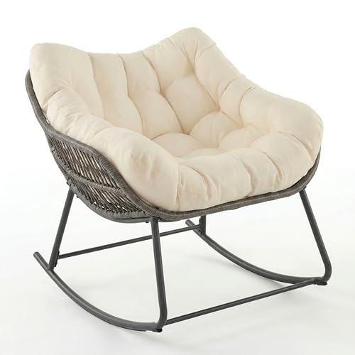 SOARS Fauteuil à Bascule de Jardin, Chaise à Bascule Papasan en Rotin avec Coussin Rembourré et Amovible, Cadre en Métal, Charge 150 KG, pour Intérieur et...