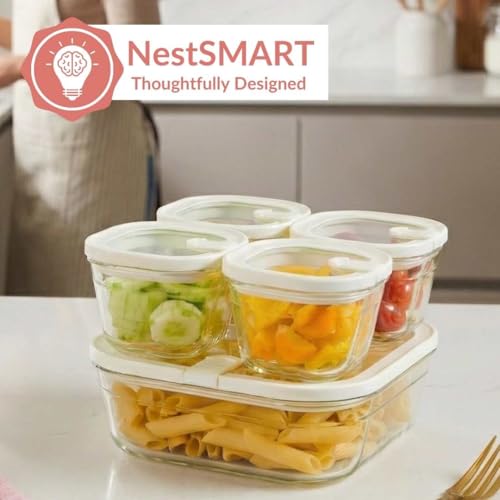 Image of Nestasia Vento Glass Containers with Lid Set of 5 (220ml x 4, 1320ml x 1) - Microwave, Refrigerator & Dishwasher Safe Containers with Air Vent Lid for Fridge Storage (Cream)