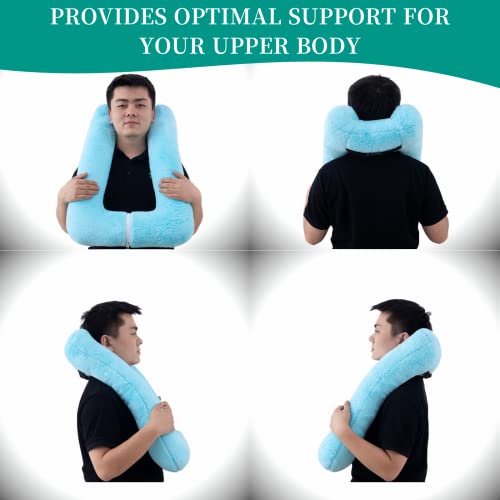 Image of FHSGGP Travel Pillow Upgraded Version of Aircraft Travel Neck Pillow | with Storage Bag, Sleep Pillows for Travel by Train, Car, or Plane, Supporting The Head and Body, Travel Pillow for Kids Blue
