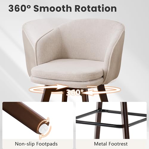 Butacos de altura para barra Rowill, giratorios 360° con respaldo curvo y reposabrazos, patas de madera maciza, tapizados en tela chenilla, estilo moderno para isla de cocina (Beige, asiento de 26", juego de 2) miniatura 4