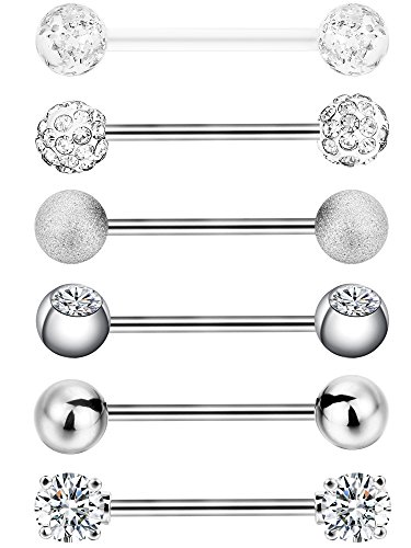 6 Pairs Nipple Bars Surgical Stainless Steel Piercing Titanium Barbell Ring Tongue Ring Cubic Zirconia Nipple Rings Body Piercing Jewelry, 14 Gauge #TOP1