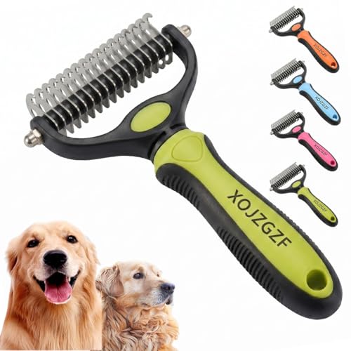 Professional Deshedding Tool for Dogs & Cats, Pet Pro Grooming Tools, Indoor Cat Double-Sided Brush Rake, Pets Hair Remover Shedding, Long Haired Dog Brushes, Undercoat Combs Supplies(Green-L)