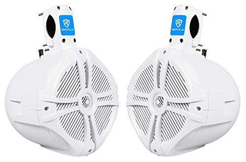 Image of Rockville RWB80W Bundle: (2) White 8-in 600 Watt 2-Way Marine Wakeboard Tower Speakers, RGHR2 Gauge Hole Receiver with Bluetooth USB Radio and Wired Remote, 3-Items