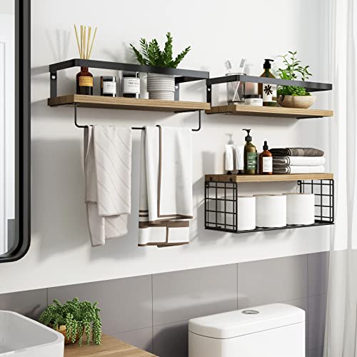 Fixwal 3+1 Tier Wall Mounted Floating Shelves With Metal Frame, Rustic Wood Bathroom Shelves Over Toilet With Wire Storage Basket And Towel Bar For Bathroom, Kitchen, Bedroom (Rustic Brown) #TOP1