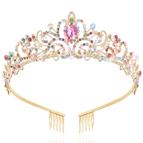 TAROSE Rainbow and Gold Crowns for Women, Queen Crystal Tiaras with Colorful Rhinestone and Combs, Goddess Crown for Wedding Bride Birthday Princess Bridal Shower Hair Accessories