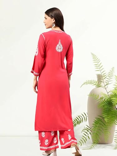 Image of Seva Chikan Hand Embroidered Lucknowi Chikankari Rayon Kurta and Palazzo Set SCL8037