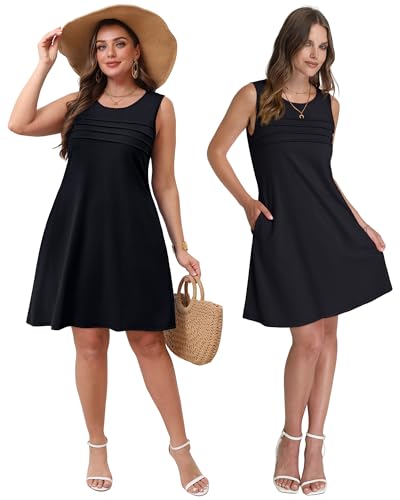 Image of OFEEFAN Womens Pleated Front Tank Dresses Fashion Spring Sleeveless Pockets Sundress Casual Summer