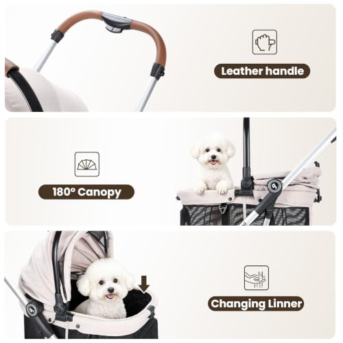 Image of T3 Pro Small Dog Stroller (Beige & Net Wall) | Detachable Carrier, 3-in-1 Stroller, Lightweight, Breathable Mesh Fabric, One-Button Braking, Easy to fold