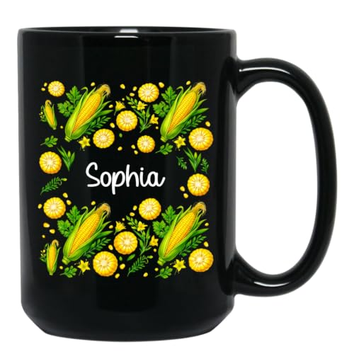 Custom Corn Ceramic Cup with Name, Corn Mug Gift for Farmer Aunt Uncle, Personalized Vegetable Lovers Cup 11oz 15oz, Vegetable Coffee Mug for Son Daughter, Gardener Black Porcelain Cups Gift