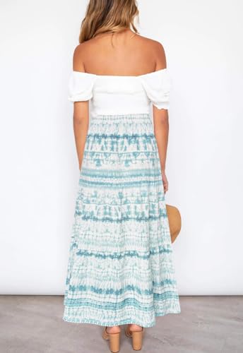 Image of Annebouti Womens Spring Summer Boho Elastic Long Skirts High Waist Pleated A Line Tiered White or Black Maxi Skirt