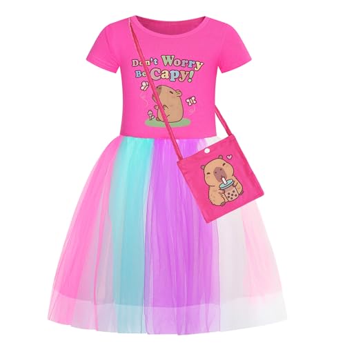 Cute Capybara Printed Girls Tutu Dress Toddler Short Sleeve Tulle Sundress with Handbag