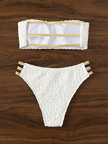 Makemechic Women's 2 Piece Bathing Suits Textured Cut Out Bandeau Bikini Set Swimsuit White L #TOP1
